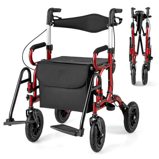 2-in-1 Foldable Rollator Walker with Seat abd 9 Inch Pneumatic Tires for Seniors-Red - Color: Red D681-JH10028RE