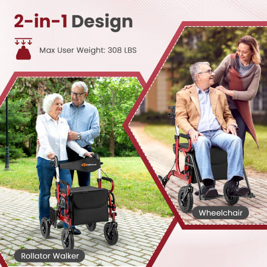 2-in-1 Foldable Rollator Walker with Seat abd 9 Inch Pneumatic Tires for Seniors-Red - Color: Red D681-JH10028RE