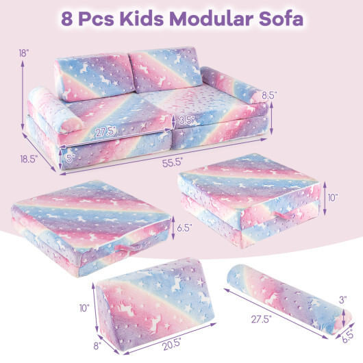 8 Pieces Modular Kids Play Couch Glow in the Dark Toddler Sectional Sofa-Multicolor - Color: Multic D681-HV10579CL