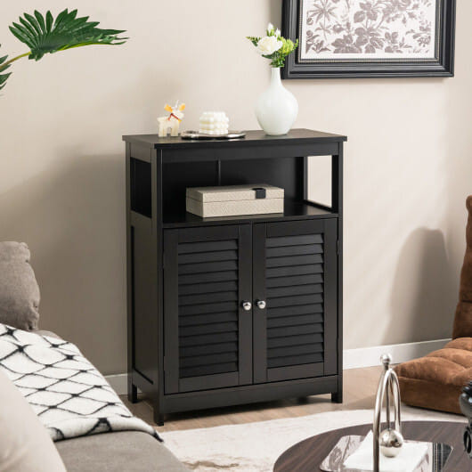 Wood Freestanding Bathroom Storage Cabinet with Double Shutter Door-Black - Color: Black D681-HW65847BK