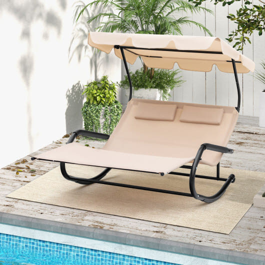 Outdoor 2 Persons Rocking Chaise Lounge with Canopy and Wheels-Beige - Color: Beige D681-NP11163BE