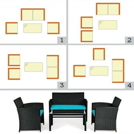 4 Pieces Rattan Patio Furniture Set with Weather Resistant Cushions and Tempered Glass Tabletop-Tur D681-HW63239TU