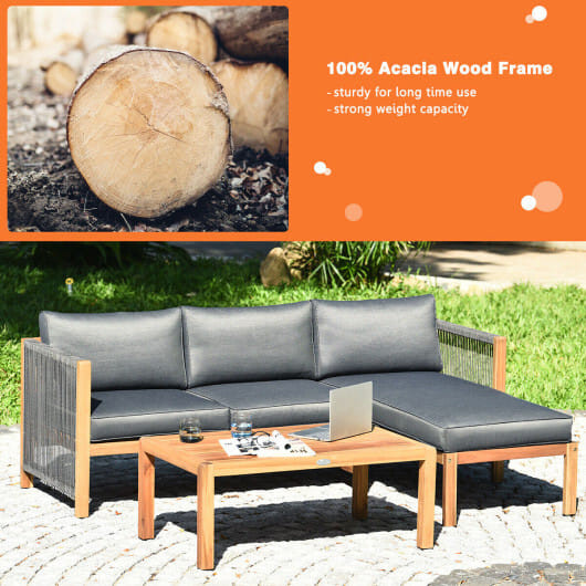 3 Piece Patio Acacia Sofa Set with Nylon Armrest - Color: Gray D681-HW63869B+