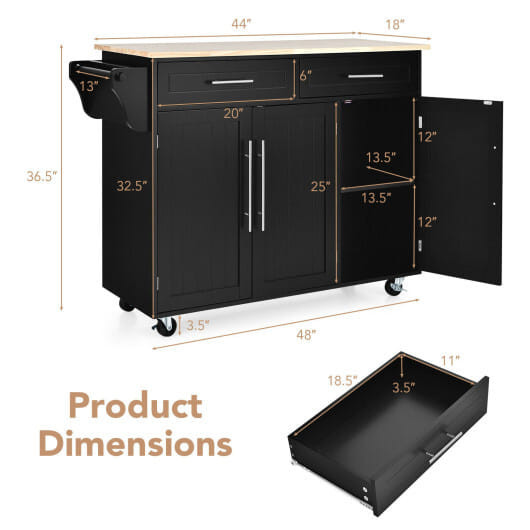 Kitchen Island Trolley Wood Top Rolling Storage Cabinet Cart with Knife Block-Black - Color: Black D681-HW67014BK+