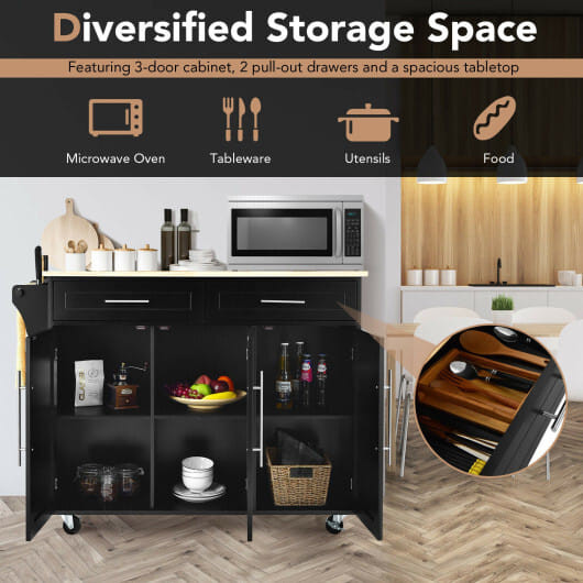 Kitchen Island Trolley Wood Top Rolling Storage Cabinet Cart with Knife Block-Black - Color: Black D681-HW67014BK+