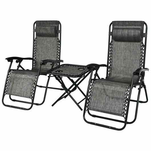 3 Pieces Folding Portable Zero Gravity Reclining Lounge Chairs Table Set-Gray - Color: Gray D681-OP3475GR