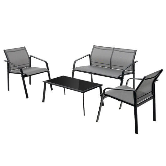 4 Pieces Patio Furniture Set with Armrest Loveseat Sofas and Glass Table Deck-Gray - Color: Gray D681-NP10474GR