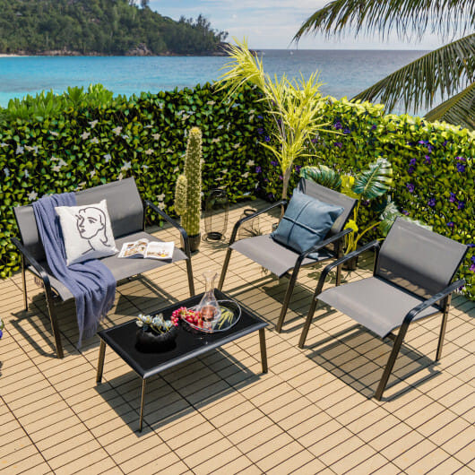 4 Pieces Patio Furniture Set with Armrest Loveseat Sofas and Glass Table Deck-Gray - Color: Gray D681-NP10474GR