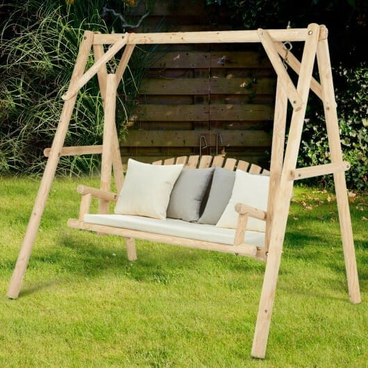 Outdoor Wooden Porch Bench Swing Chair with Rustic Curved Back - Color: Natural D681-OP3701+