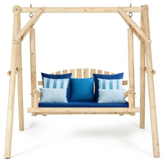 Outdoor Wooden Porch Bench Swing Chair with Rustic Curved Back - Color: Natural D681-OP3701+