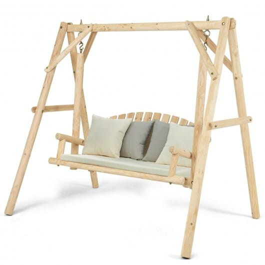 Outdoor Wooden Porch Bench Swing Chair with Rustic Curved Back - Color: Natural D681-OP3701+