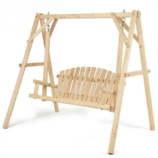 Outdoor Wooden Porch Bench Swing Chair with Rustic Curved Back - Color: Natural D681-OP3701+