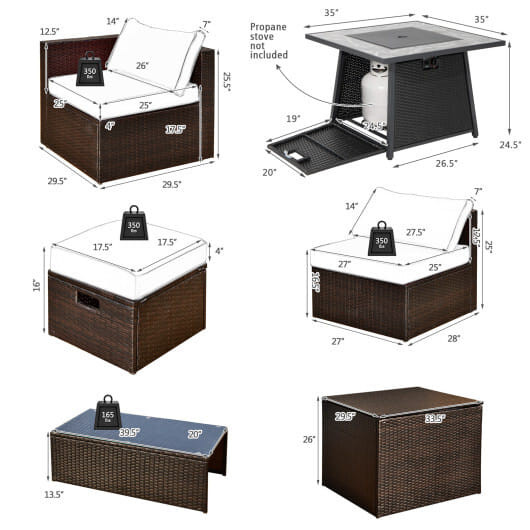 9 Pieces Patio PE Wicker Sectional Set with 50000 BTU Fire Pit Table-Off White - Color: Off White D681-NP10262DK+HW68592WH+