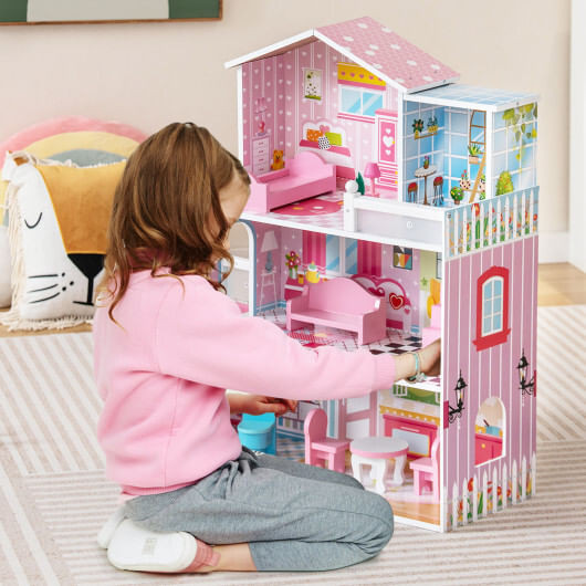 Kids Wooden Dollhouse Playset with 5 Simulated Rooms and 10 Pieces of Furniture-Pink - Color: Pink D681-TP10148PI
