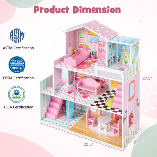Kids Wooden Dollhouse Playset with 5 Simulated Rooms and 10 Pieces of Furniture-Pink - Color: Pink D681-TP10148PI