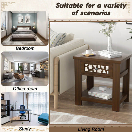 Wood Retro End Table with Mirrored Glass Drawer and Open Storage Shelf-Brown - Color: Brown D681-JV10691BN