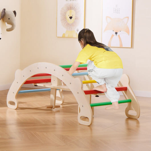 4-in-1 Multifunctional Wooden Climbing Toys with Rocker and Crawling Tunnel-Multicolor - Color: Mul D681-TS10143CL