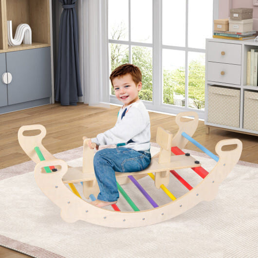 4-in-1 Multifunctional Wooden Climbing Toys with Rocker and Crawling Tunnel-Multicolor - Color: Mul D681-TS10143CL