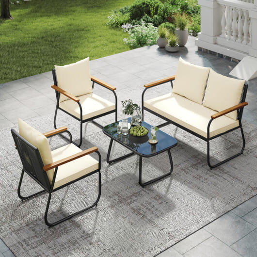 4 Pieces Patio Furniture Set with Tempered Glass Coffee Table - Color: Off White D681-HW74043WH+