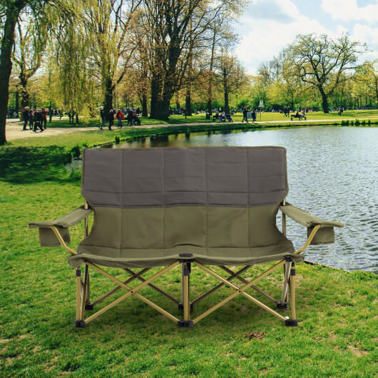 Oversized Camping Chair Folding Loveseat Camping Couch with Cup Holders & Thick Padding-Green - Col D681-NP11631GN