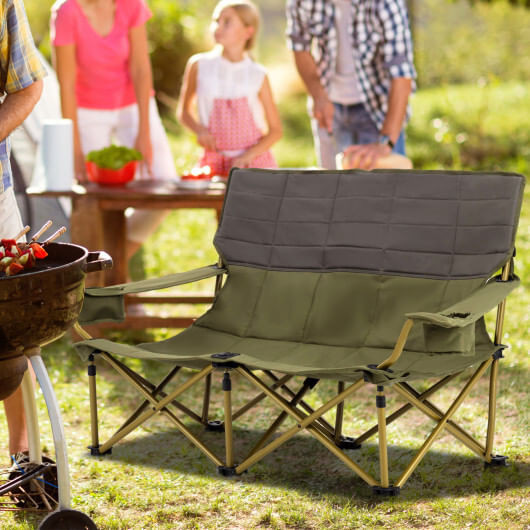 Oversized Camping Chair Folding Loveseat Camping Couch with Cup Holders & Thick Padding-Green - Col D681-NP11631GN