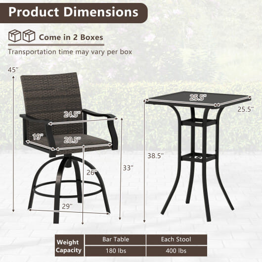 3 Pieces PE Wicker Patio Swivel Bar Set with Quick-Drying Foam-Black - Color: Black D681-NP12166DK+
