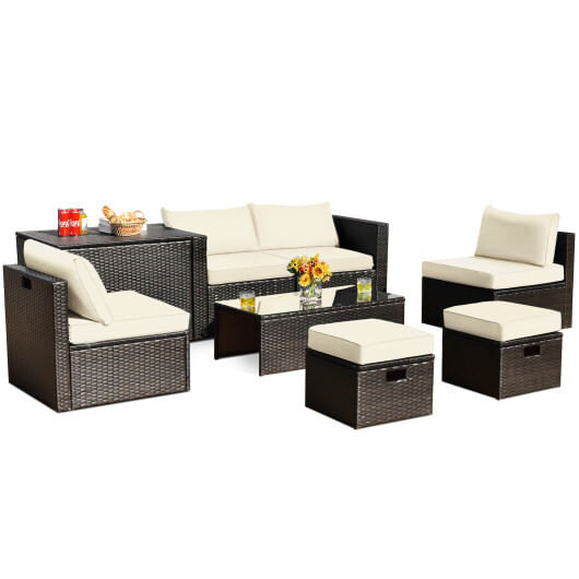8 Pieces Patio Space-Saving Rattan Furniture Set with Storage Box and Waterproof Cover-White - Colo D681-HW68592WH+