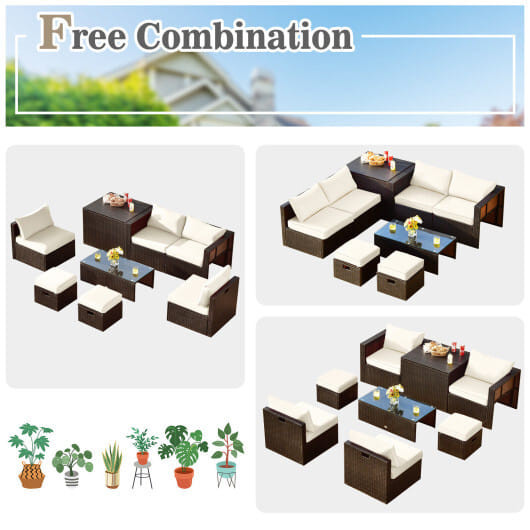 8 Pieces Patio Space-Saving Rattan Furniture Set with Storage Box and Waterproof Cover-White - Colo D681-HW68592WH+