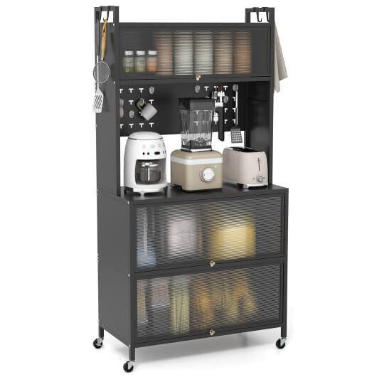 5 Tier Kitchen Bakers Rack with Lights Multifunctional Microwave Stand with Flip Door Cabinets-Blac D681-JV12280BK