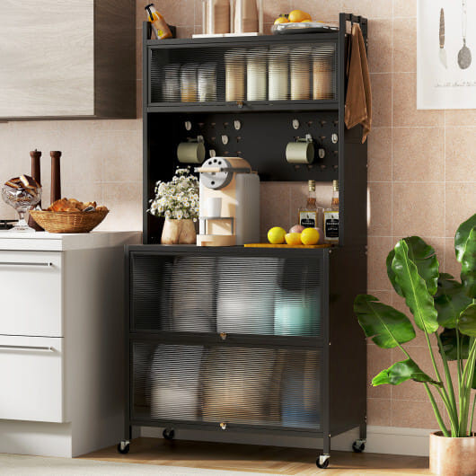 5 Tier Kitchen Bakers Rack with Lights Multifunctional Microwave Stand with Flip Door Cabinets-Blac D681-JV12280BK