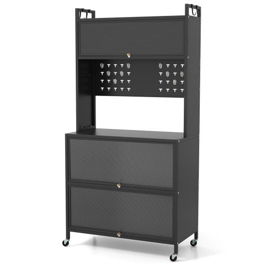 5 Tier Kitchen Bakers Rack with Lights Multifunctional Microwave Stand with Flip Door Cabinets-Blac D681-JV12280BK