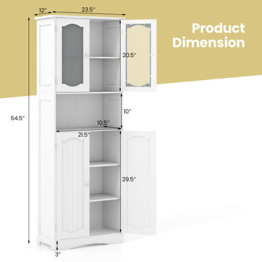 64.5 Inches Tall Bathroom Storage Cabinet with Frost Glass Doors and Shelves-White - Color: White D681-JV11752WH
