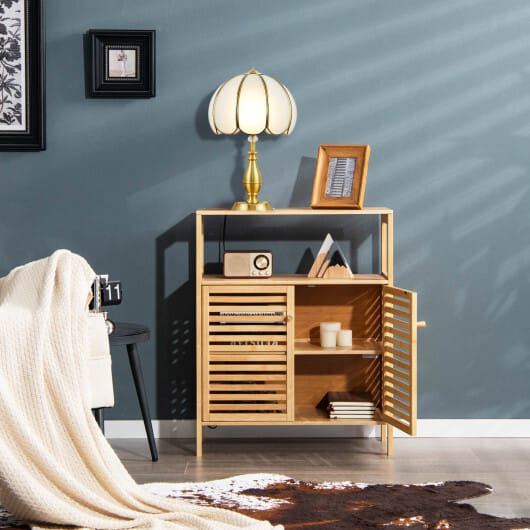 Bamboo Bathroom Floor Storage Cabinet with Shutter Doors-Natural - Color: Natural D681-JV10333NA