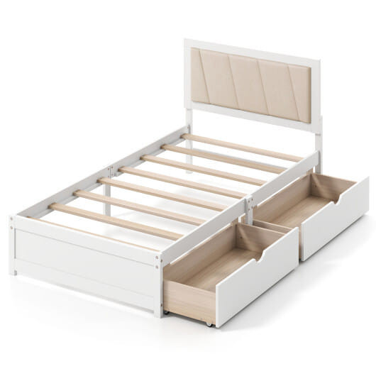 Solid Wood Structure Bed Frame with 2 Drawers Upholstered Headboard-Twin Size - Color: White - Size D681-HU11036WH-T