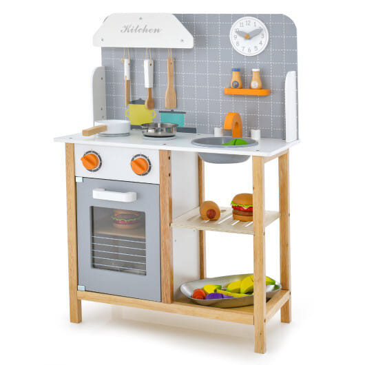 Wooden Toddler Pretend Kitchen Set with Cookware Accessories for Boys and Girls-Grey - Color: Gray D681-TP10115GR