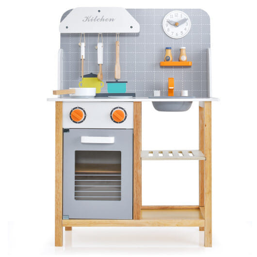 Wooden Toddler Pretend Kitchen Set with Cookware Accessories for Boys and Girls-Grey - Color: Gray D681-TP10115GR