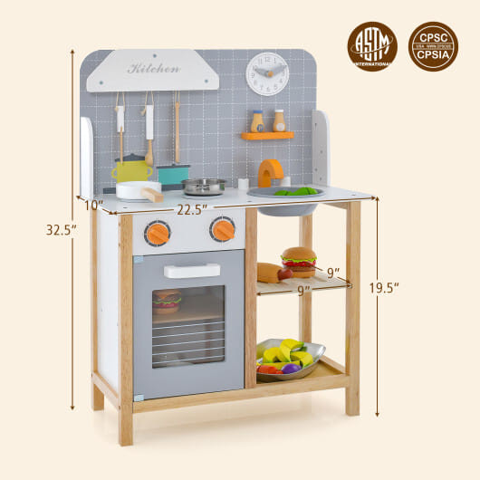 Wooden Toddler Pretend Kitchen Set with Cookware Accessories for Boys and Girls-Grey - Color: Gray D681-TP10115GR
