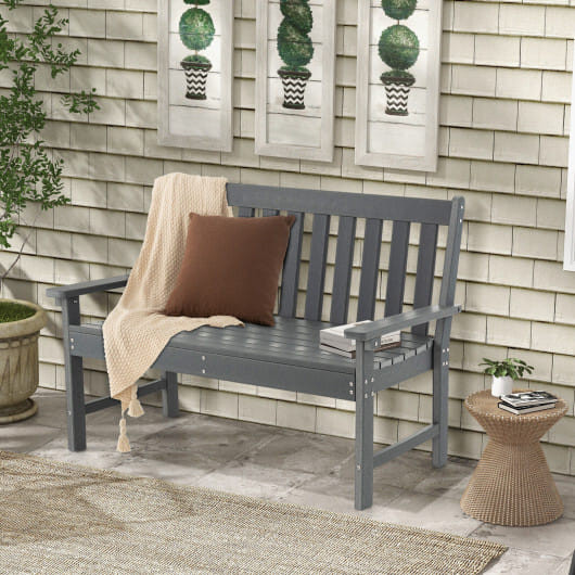 52 Inch All-Weather HDPE Outdoor Bench with Backrest and Armrests-Gray - Color: Gray D681-NP10895GR