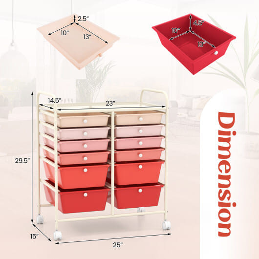 12-Drawer Rolling Storage Cart with Removable Drawers and Lockable Wheels-Pink - Color: Pink D681-HW56500PI