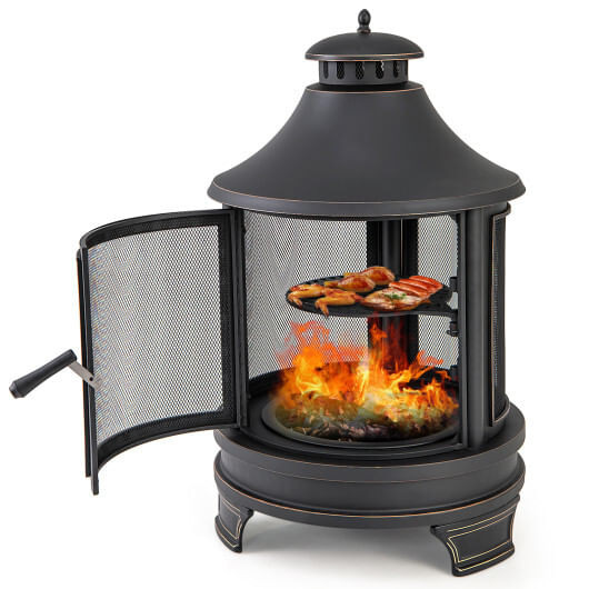 30 Inch Outdoor Fire Pit Chiminea with Grill for Garden BBQ - Color: Black D681-NP11843