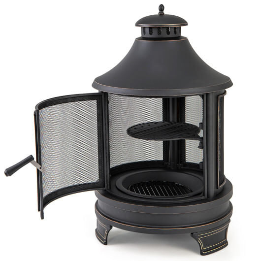 30 Inch Outdoor Fire Pit Chiminea with Grill for Garden BBQ - Color: Black D681-NP11843