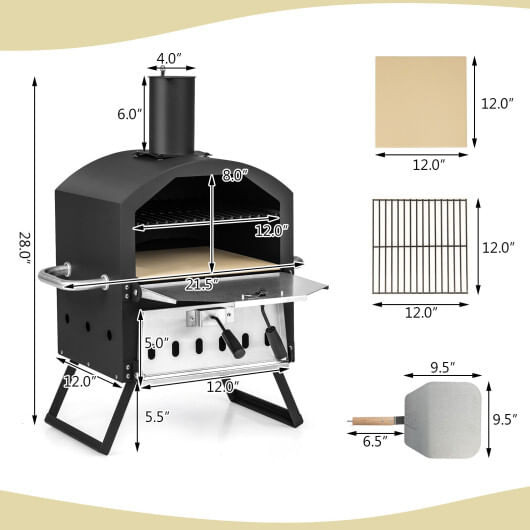 Outdoor Pizza Oven with Anti-scalding Handles and Foldable Legs-Black - Color: Black D681-NP10814BK
