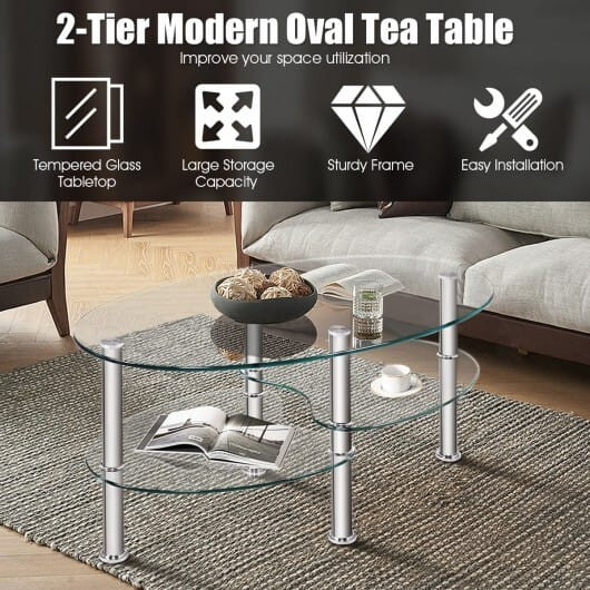 Tempered Glass Oval Side Coffee Table-Transparent - Color: Transparent D681-HW66281TR