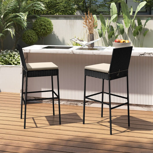 Patio Wicker Barstools Set of 2 with Footrest and Backrest for Backyard D681-HW73314-2