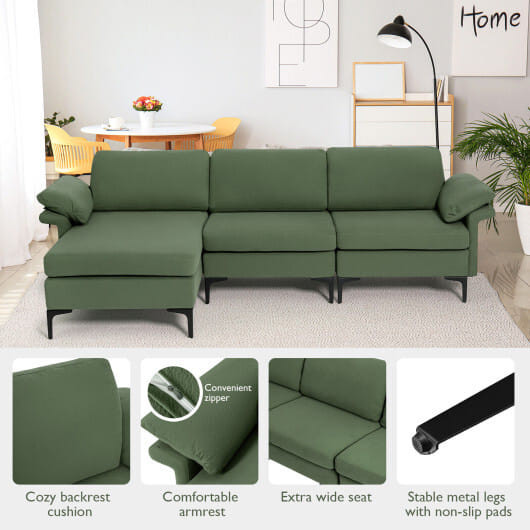 Extra Large Modular L-shaped Sectional Sofa with Reversible Chaise for 4-5 People-Army Green - Colo D681-HV10301GN-A+HV10301GN-B+HV10301US-GN-D