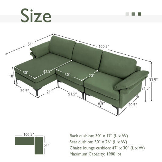Extra Large Modular L-shaped Sectional Sofa with Reversible Chaise for 4-5 People-Army Green - Colo D681-HV10301GN-A+HV10301GN-B+HV10301US-GN-D