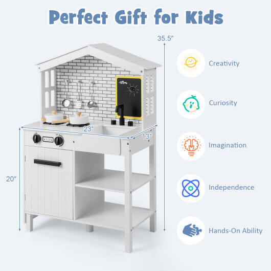 Kids Wooden Kitchen Play Set with Storage Shelves and Accessories-White - Color: White D681-TP10138WH