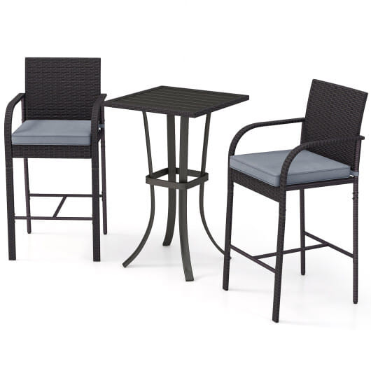 3-Piece Patio Wicker Rattan Bar Height Chairs and Square Table Set-Black - Color: Black D681-NP11975DK