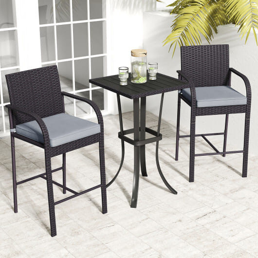 3-Piece Patio Wicker Rattan Bar Height Chairs and Square Table Set-Black - Color: Black D681-NP11975DK
