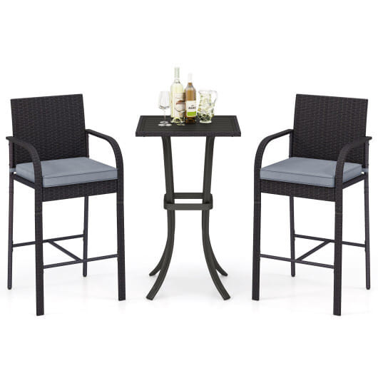3-Piece Patio Wicker Rattan Bar Height Chairs and Square Table Set-Black - Color: Black D681-NP11975DK